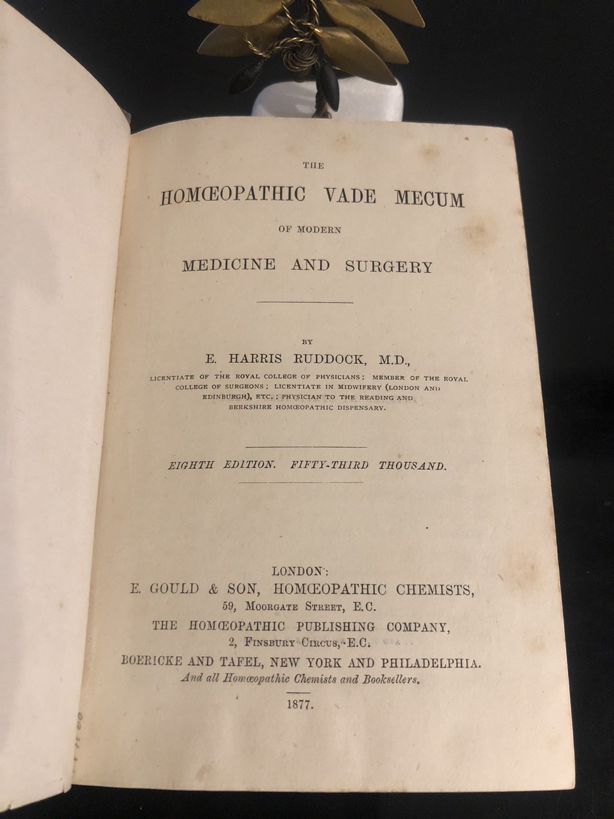 Homoeopathic Vade Mecum H Ruddock Gould&Son 8th Edition 1877 Medical&Surgery ExL