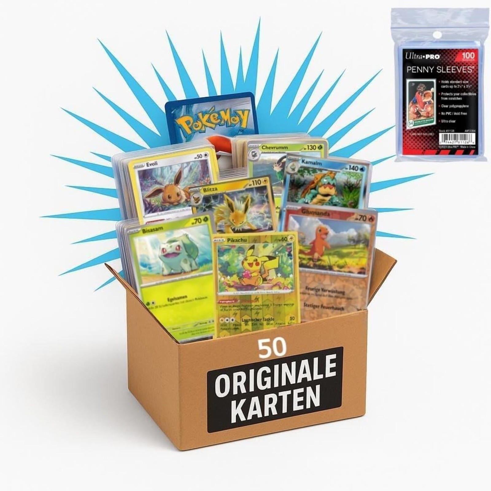 50 Original Pokémon Karten Deutsch – garantiert 5 Holo + 100 Ultra Pro Soft S…