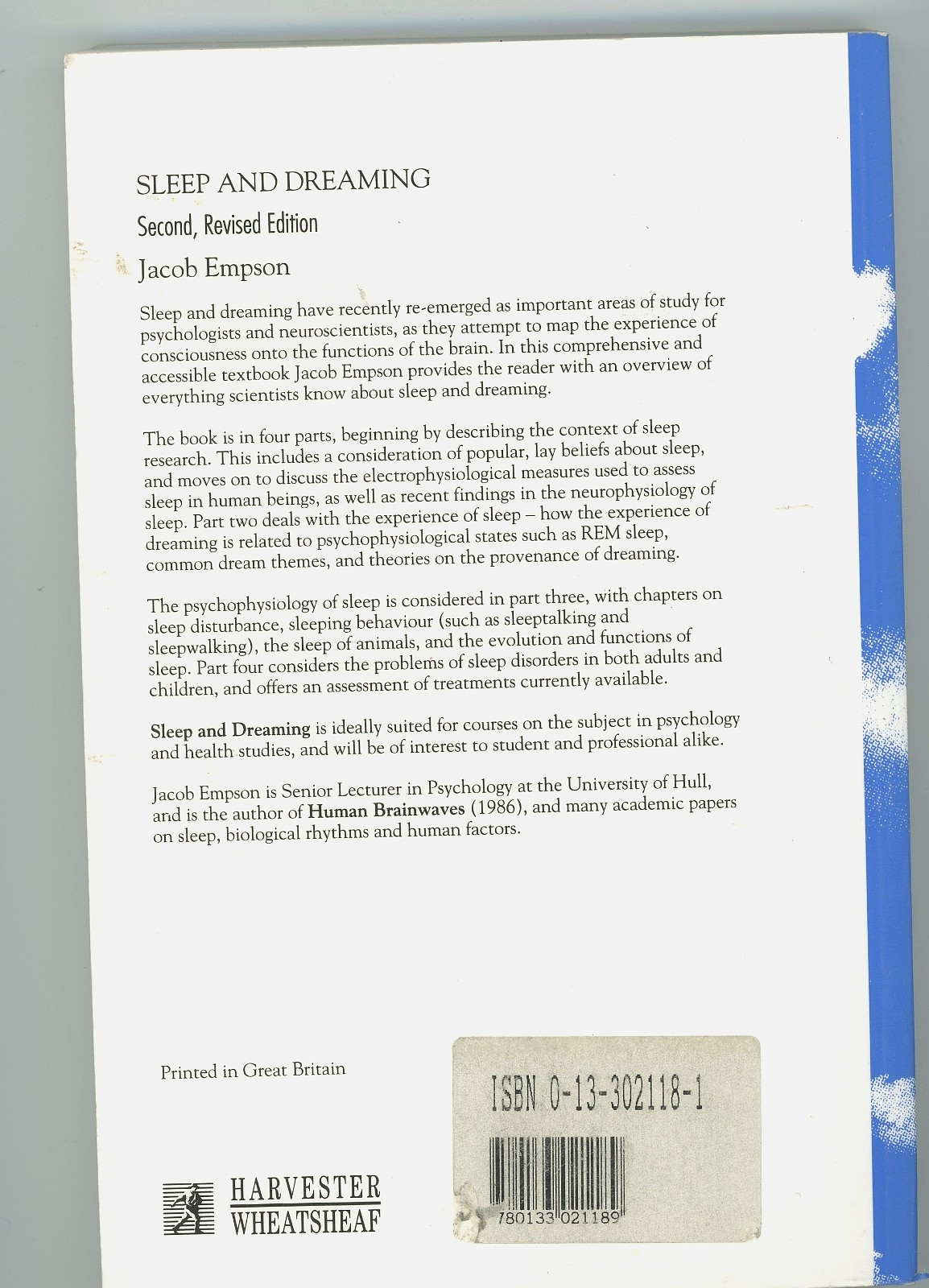 Sleep and Dreaming 2ed Ed Revised Jacob Empson 242 Pages 9 1/8″ Index LR4-B