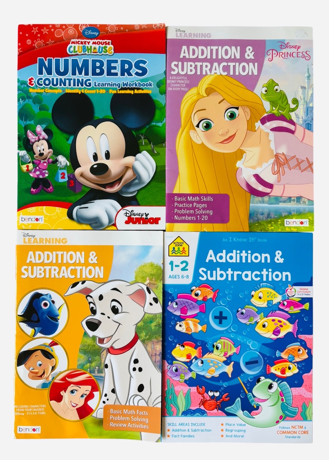 School Zone Addition and Subtraction + 3 Disney Workbooks Grades 1-2 ages 6-8